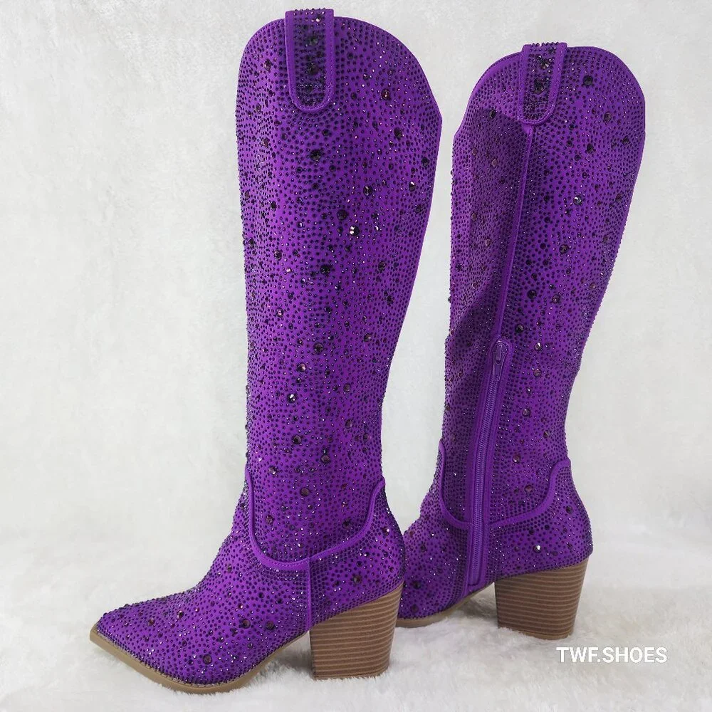 Wild One Dazzle Purple Rhinestone Disco Cowgirl Knee Boots